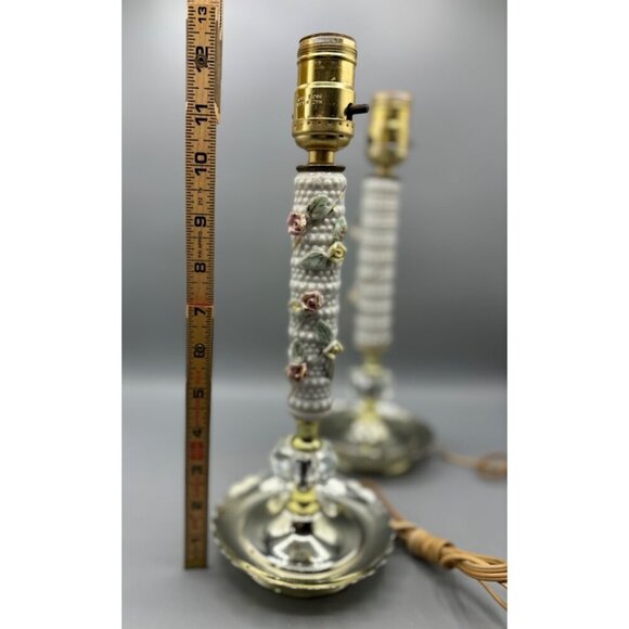 Vtg Table Lamp Set Floral Porcelain Leaded Crystal Table Electric - Picture 7 of 8